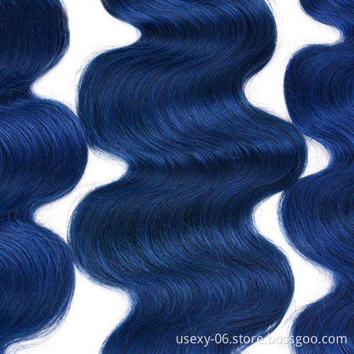 Usexy Wholesale Virgin Brazilian Hair Weaves Color 1B/Blue Body Wave Ombre Hair Bundles With Frontal